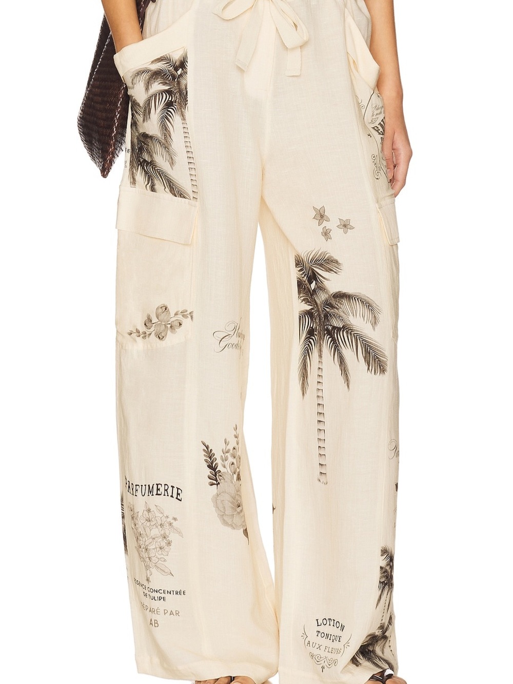 Agua Bendita Cream Wide-Leg Palm Print Cargo Pants